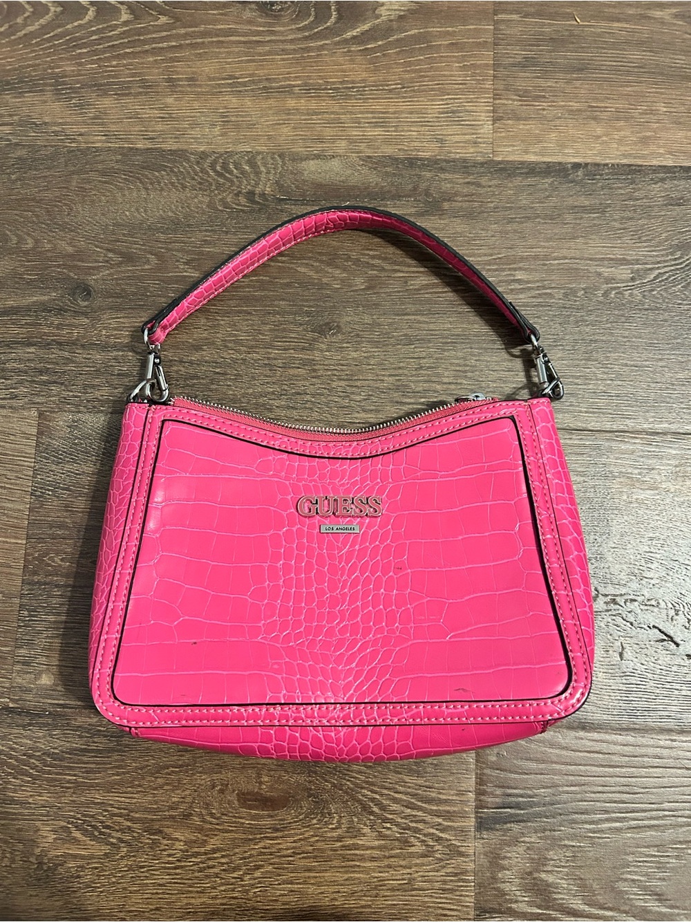 GUESS Hot Pink Croc-Embossed Mini Top-Handle Bag